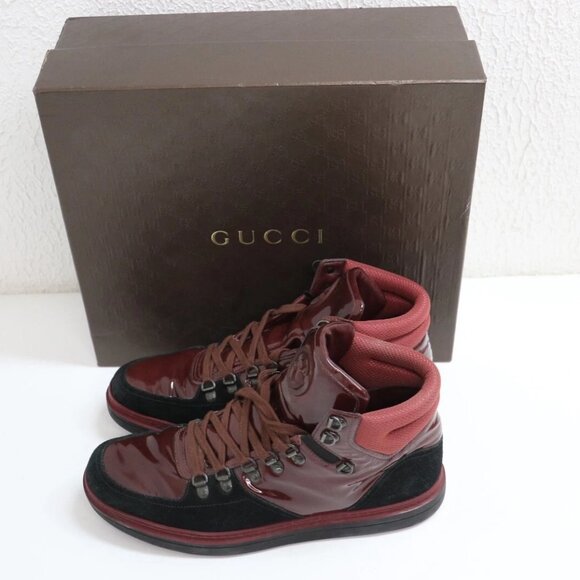 GUCCI Contrast Patent Burgundy/Black HI Sneakers Men's Size G 9/ US 9.5/EU 43 - Picture 1 of 15
